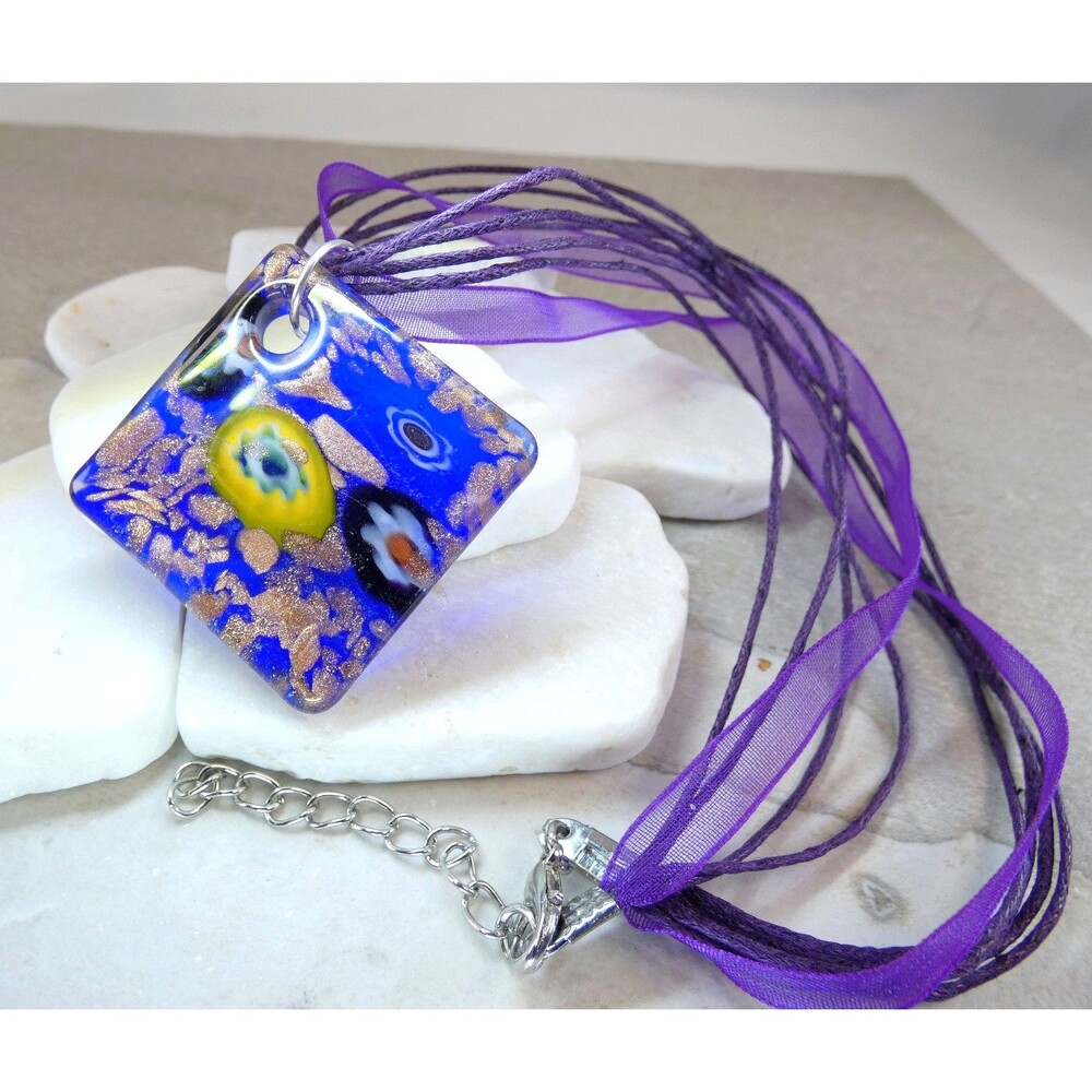 VTG Murano Glass Blue Purple Copper Pendant Necklace